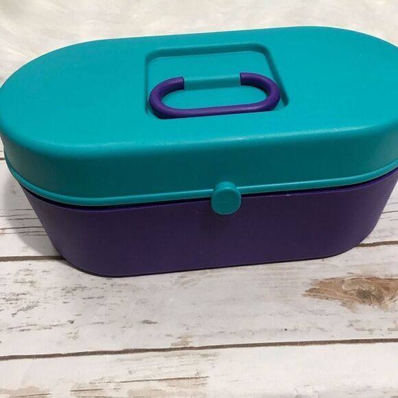 Vintage 90's Travel Case Box Makeup Teal Purple Cosmetic - Picture 11 of 14